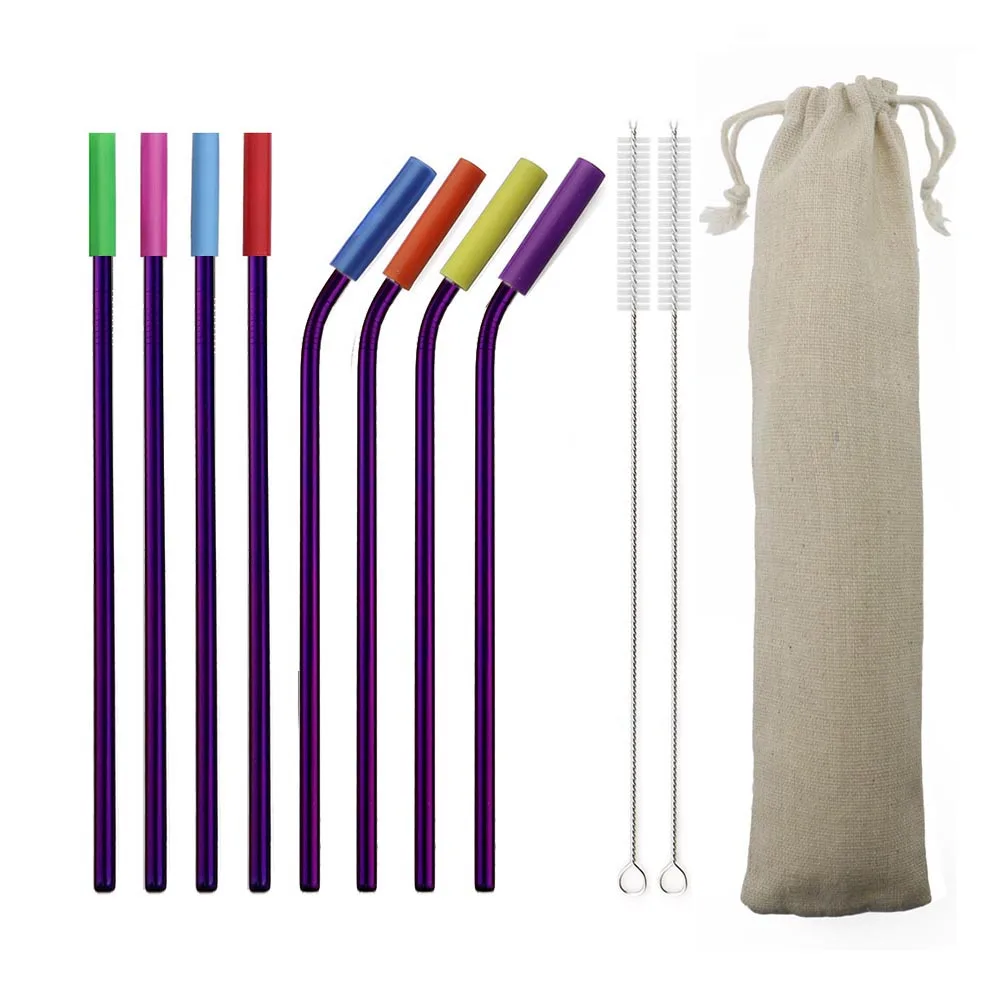 11PCS Purple 11 шт./компл. питьевой соломы 304 Нержавеющая сталь многоразовые соломы прямой изогнутая металлическая соломинка с силиконовыми наконечниками для чистки ногтей оптом - Цвет: 11PCS Purple
