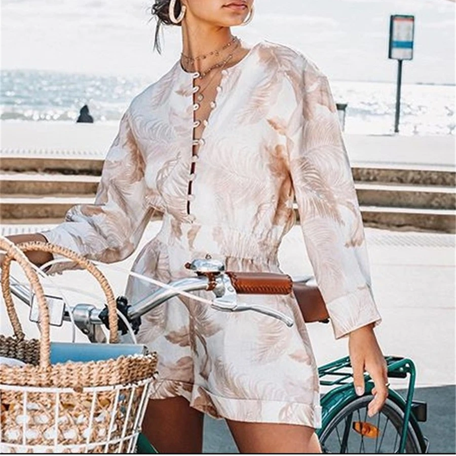 

Женский пляжный комбинезон с принтом, пикантный моно-комбинезон с круглым вырезом и длинным рукавом, слитный короткий комбинезон