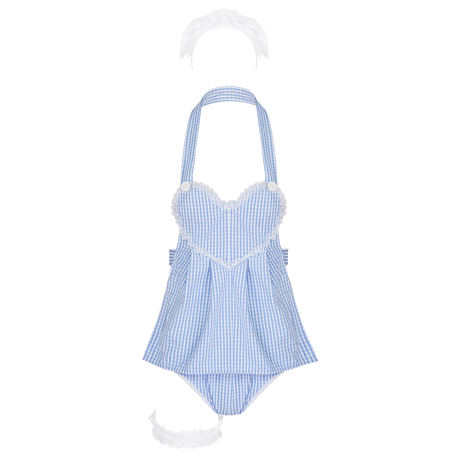 

Women Sexy Lingerie Plaid Lace Apron Maid Cosplay Costume Lace Up Apron Hollow Out Briefs Headband Leg Ring Halloween Party Wear