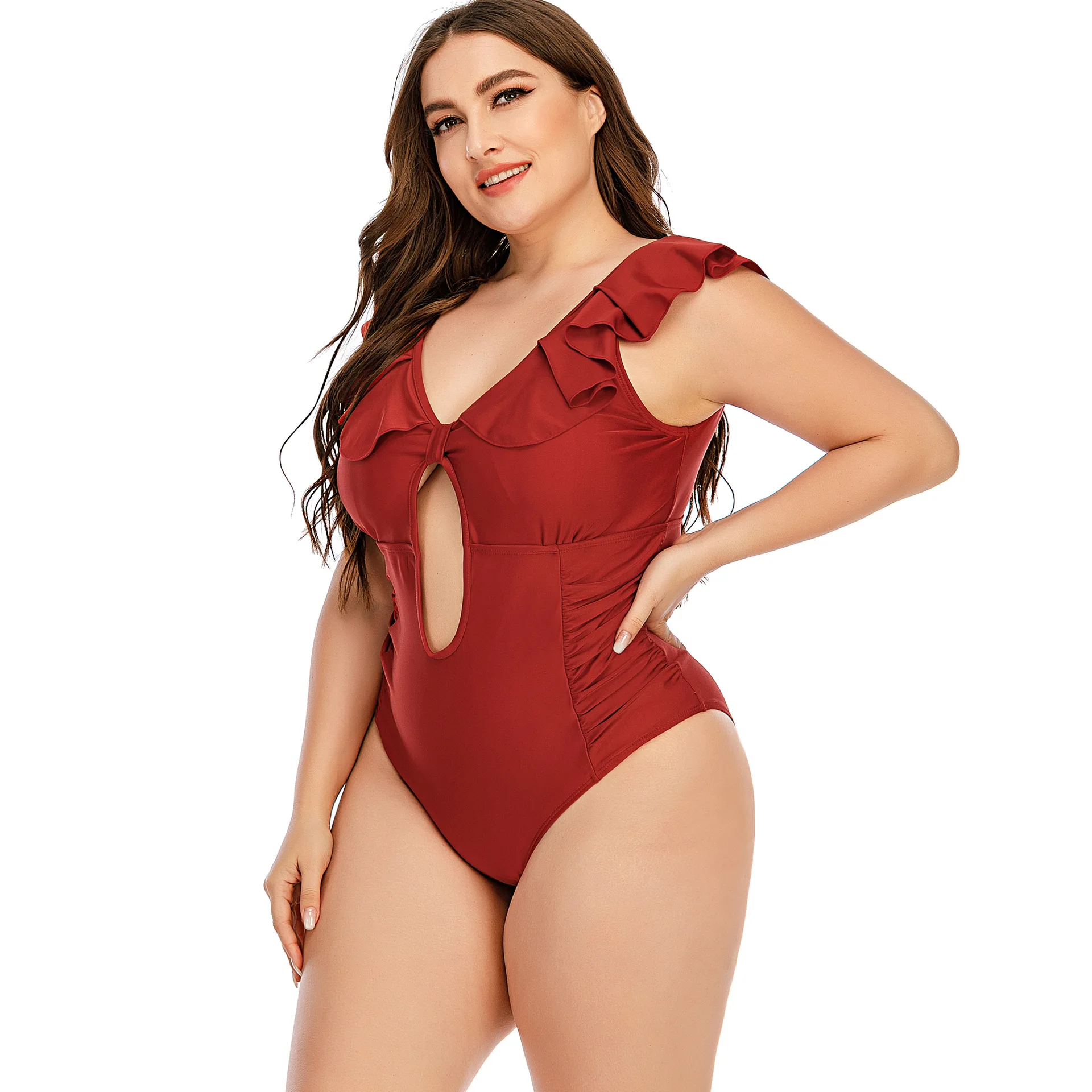 

Luren Plus Size Swimwear Black Red Slip Material Sexy Cutout Thin Bikini Fat Woman One-piece Swimsuit Women Clothing