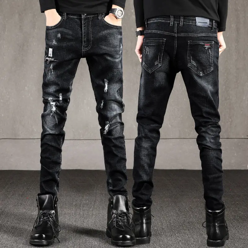 New stretch jeans with holes and men's casual trousers with slim feet in Korean version