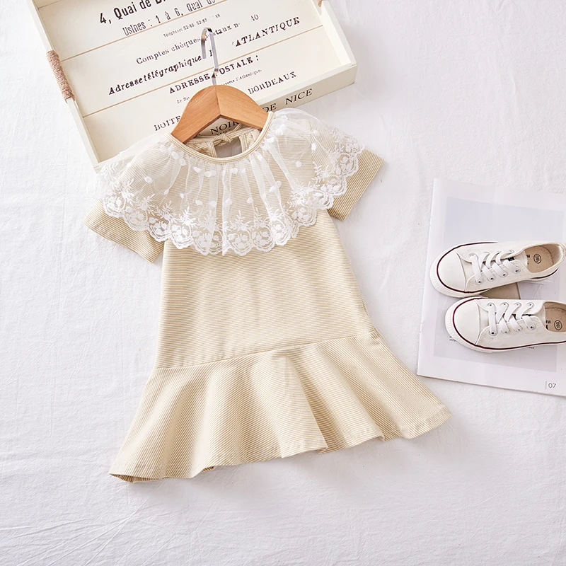 2019 New children's short-sleeved dress girl's striped baby lace collar kids dresses for girls | Детская одежда и обувь