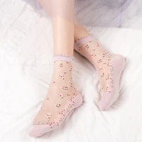 1 pair breathable ultra thin socks summer women transparent lace silk crystal rose flower girls elastic short female socks cute