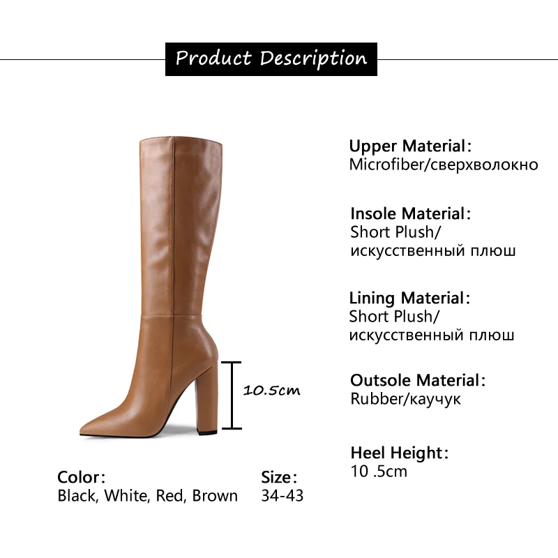 

FANAN New Fashion Woman Pointed Toe Knee High Block Heel Boots Red Thick High-heeled Long Zip Boots Women Basic Shoes Female