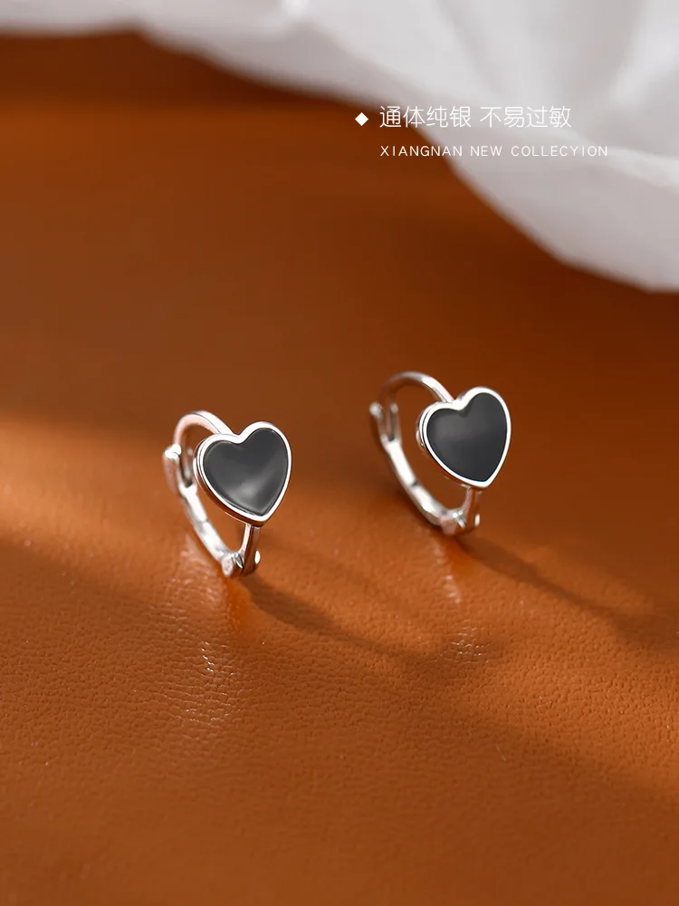 

S925 Sterling Silver Hand-made Chain Short Love Heart Hoop Earrings Ear Buckle Women's Party Jewelry 925 Gift