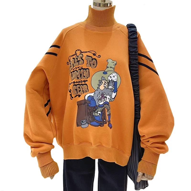 

Plus Velvet Winter Women Hoodie Sweatshirt Embroidery Harajuku Cartoon Drinking Beer Old Man With White Beard Pullover Female