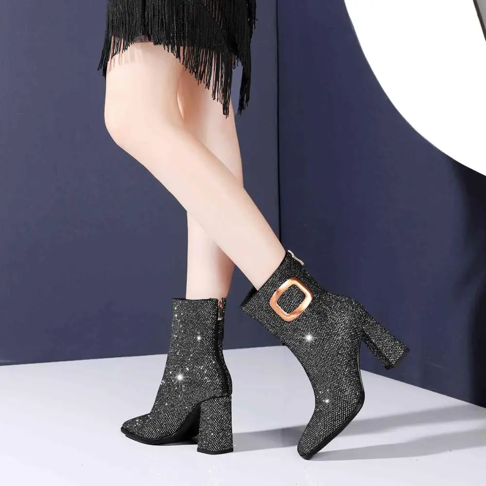 

Lenkisen fashion boots microfiber bling metal fasteners nightclub square toe super high heel back zipper mature ankle boots L52