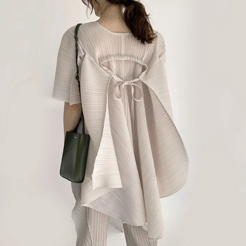 

LANMREM 2021 summer asymmetrical pleated tops loose lace-up large size casual o-neck half sleeve bandage elegant T-shirt 2A305