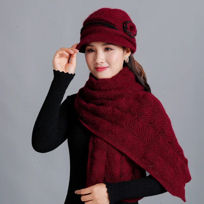 Женский комплект из шапки и шарфа кроличьего меха теплая шерстяная вязаная