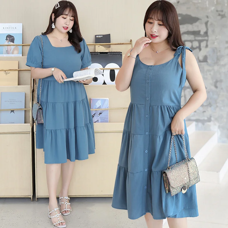 

Xl-5xl размера плюс [xuanchen] женское свободное платье средней длины на весну и лето, юбка на подтяжках X050
