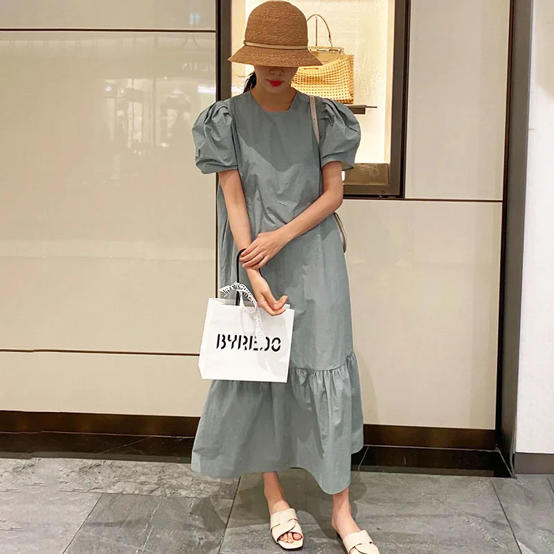 

Женское платье в корейском ретро-стиле, фиолетовое свободное платье средней длины с круглым вырезом и пышными рукавами-фонариками, PL217