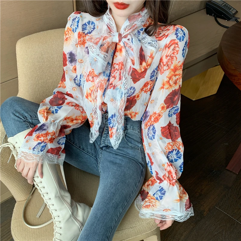 Французский дворцовый ретро-стиль женская дизайнерская блузка с кружевным