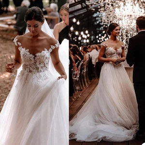 Elegant Boho Beach Grass Wedding Dresses A Line Short Sleeve Lace Appliqued Bridal Gowns Backless Robe