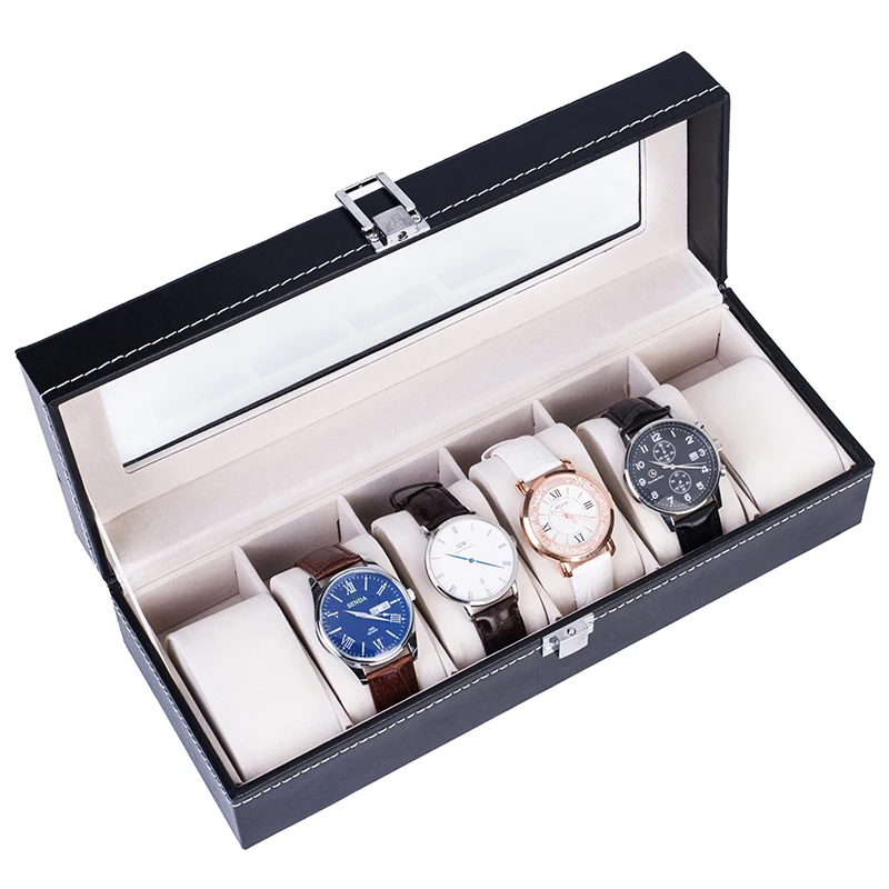 

6 Grids Watch Storage Case High-Grade Leather Lockable Watch Portable Collection Box Organizer Display Jewelry Packaging Holder