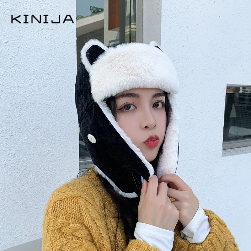 Зимняя женская теплая Толстая кашемировая шапка-бомбер с милым медведем