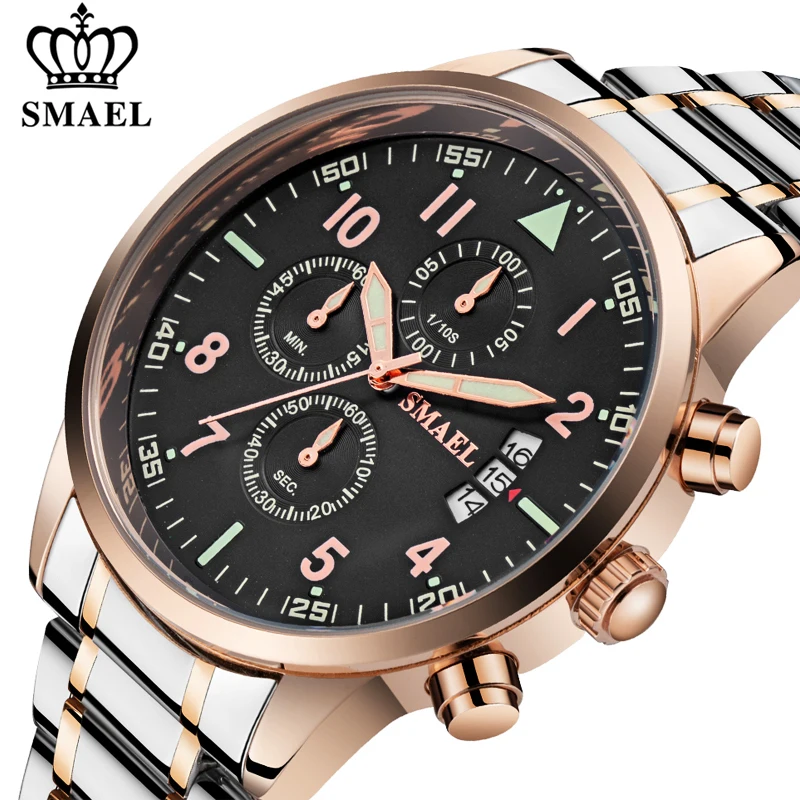 SMAEL Роскошные водонепроницаемые часы мужские деловые кварцевые наручные из