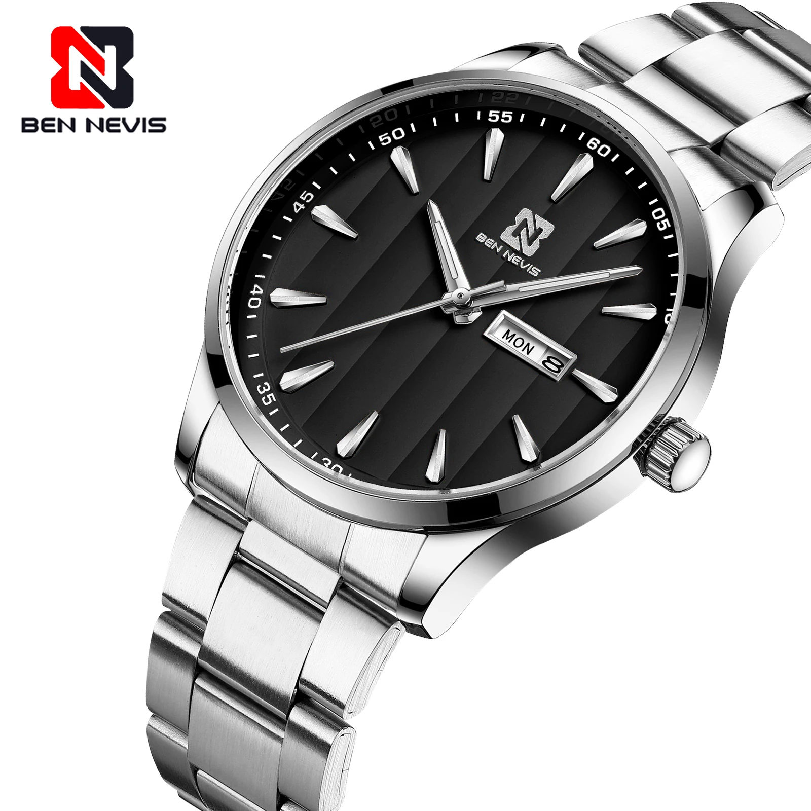 Мужские кварцевые часы бен невирас серебристые спортивные роскошные деловые