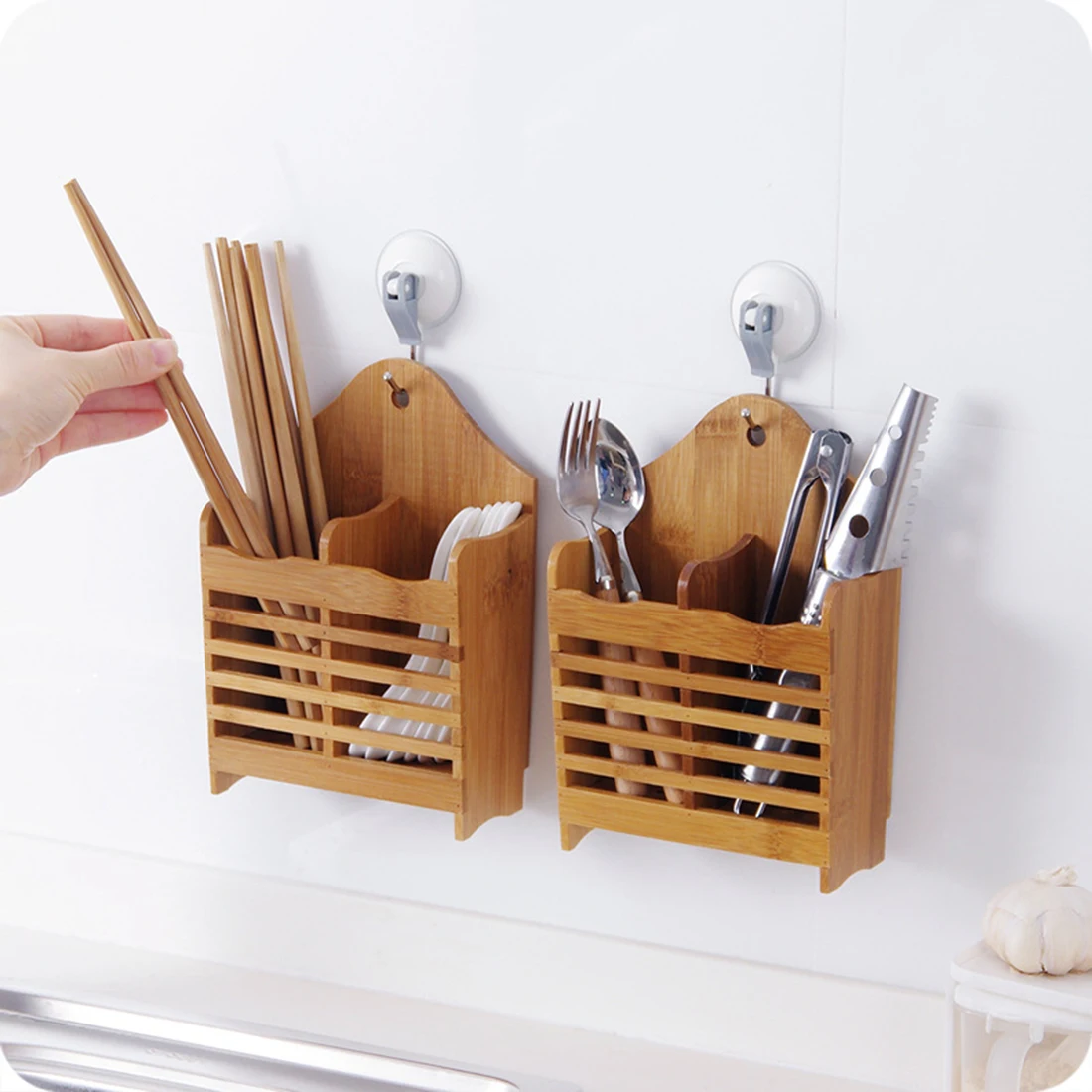 Бамбуковые двойные ряда палочки для еды держатель коробка Ложка Вилка стеллаж