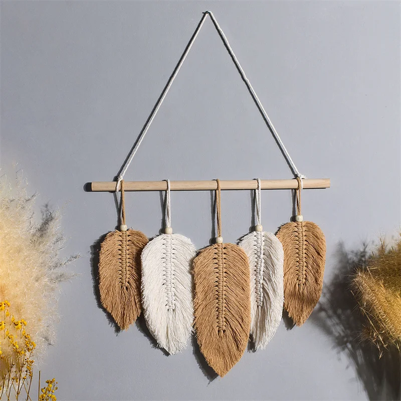 Hand-Woven Macrame Wall Hanging Feather Cotton Woven Leaves Living Room Headboard Door Porch Hangings Boho Decor Wall Tapestry macrame wall hanging boho decor macrame tapestry woven room decoration apartment bedroom living room baby nursery gift