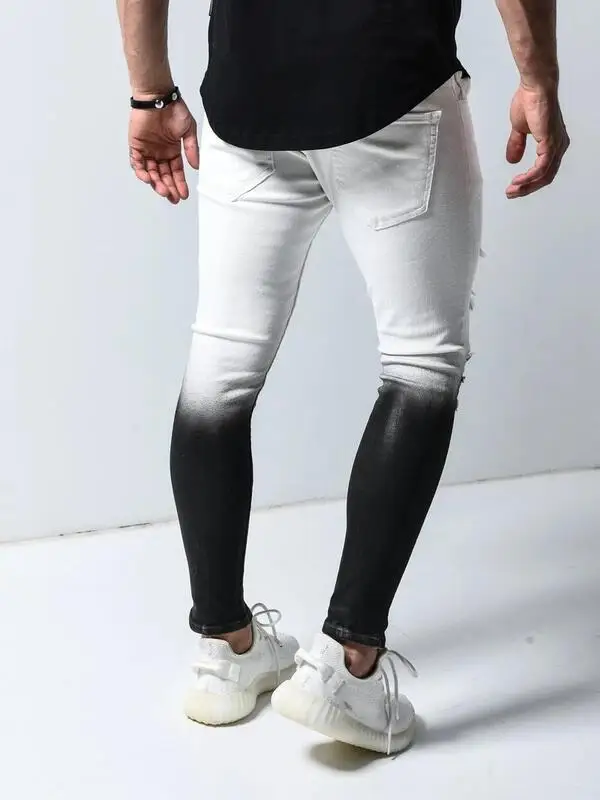 

Men's pierced elastic skinny jeans with gradient foot zipper