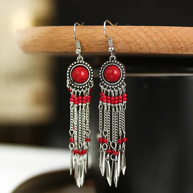 

Creative Long Chain Tassel Temperament Retro Earrings Female Fashion Hollow Rice Beads Ethnic Style Alloy Earrings