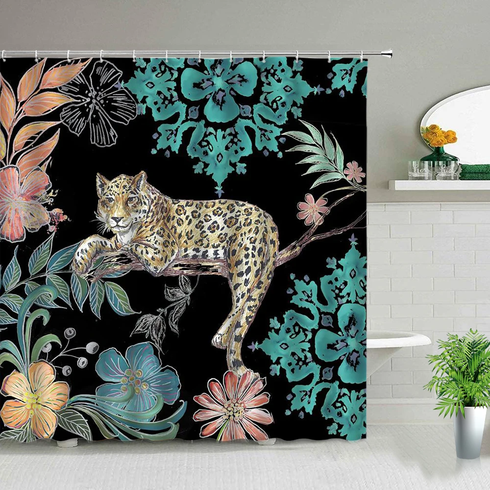 

Tropical Jungle Landscape Shower Curtains Bathroom Decor Wild Animal Leopard Home Bathtub Decor Polyester Hanging Curtain Set
