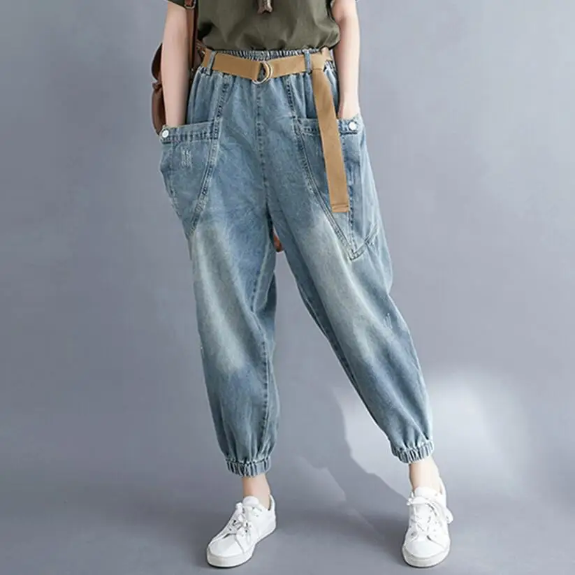 Джинсы-карго женские с завышенной талией свободные синие Стрейчевые джинсы