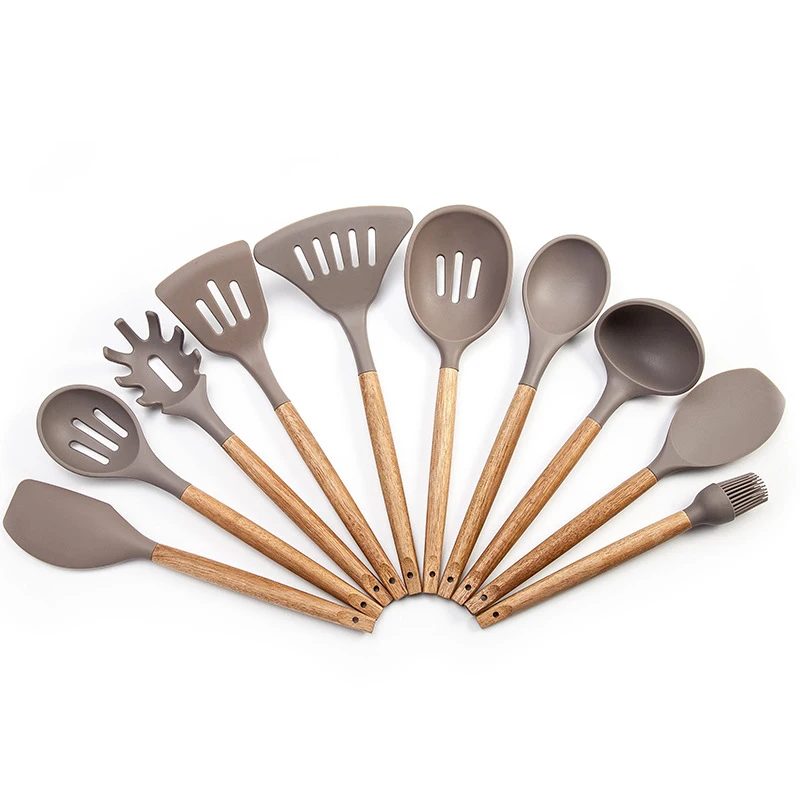 Набор силиконовой кухонной посуды с деревянной ручкой бытовая антипригарная
