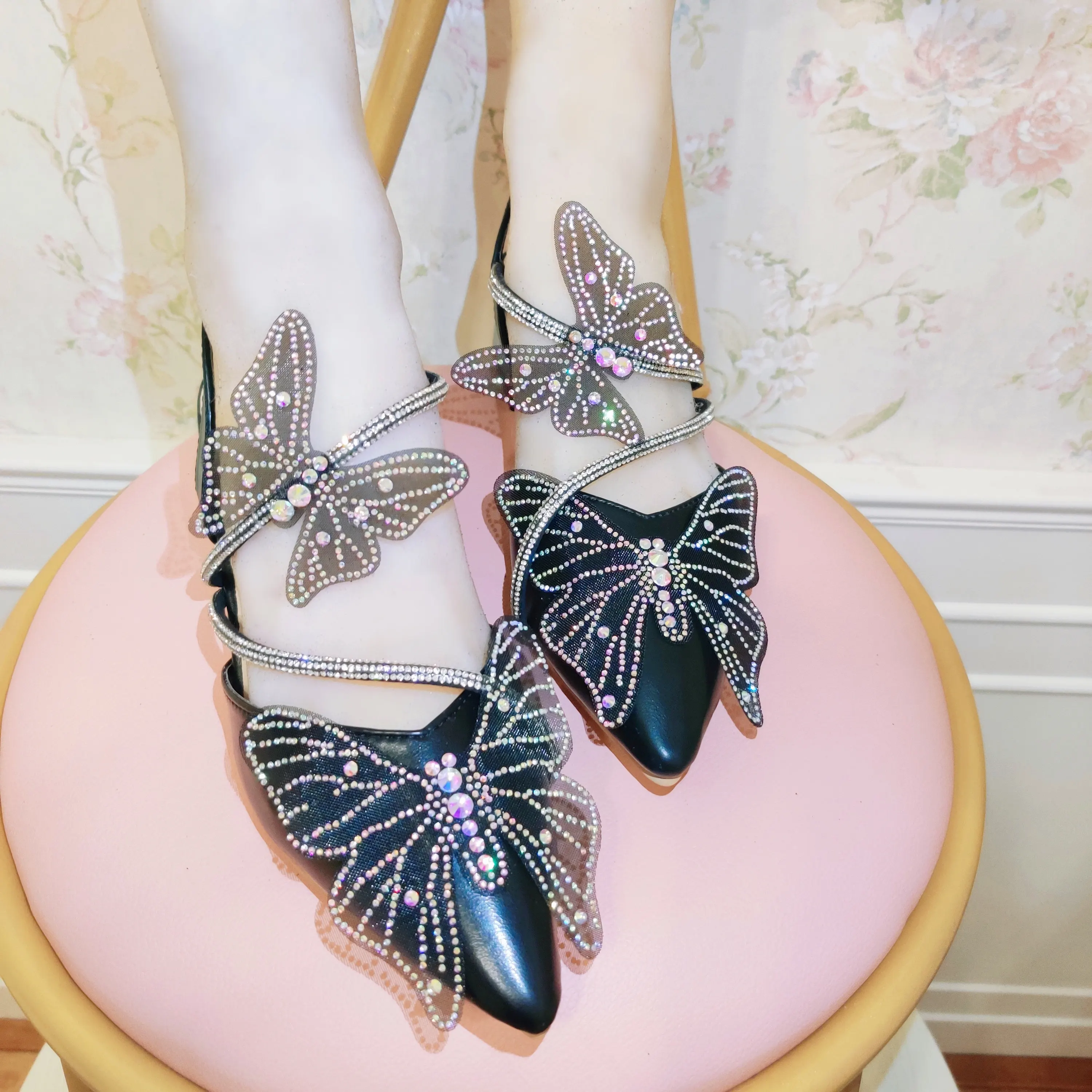 

Handmade Women's Shoes New Crystal Hollow Heavy Industry Thick Heel Pointed Fairy Black Diamond Butterfly Sandals