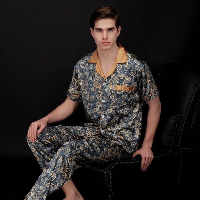 Пижама Мужская из искусственного шёлка, с отложным воротником и принтом, шелковая в стиле ретро от AliExpress WW