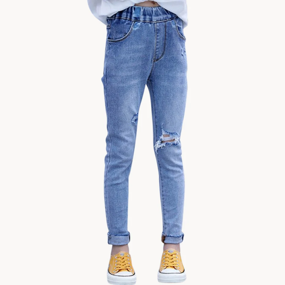 Джинсы для девочек узкие брюки детские джинсы с дырками повседневные на весну и