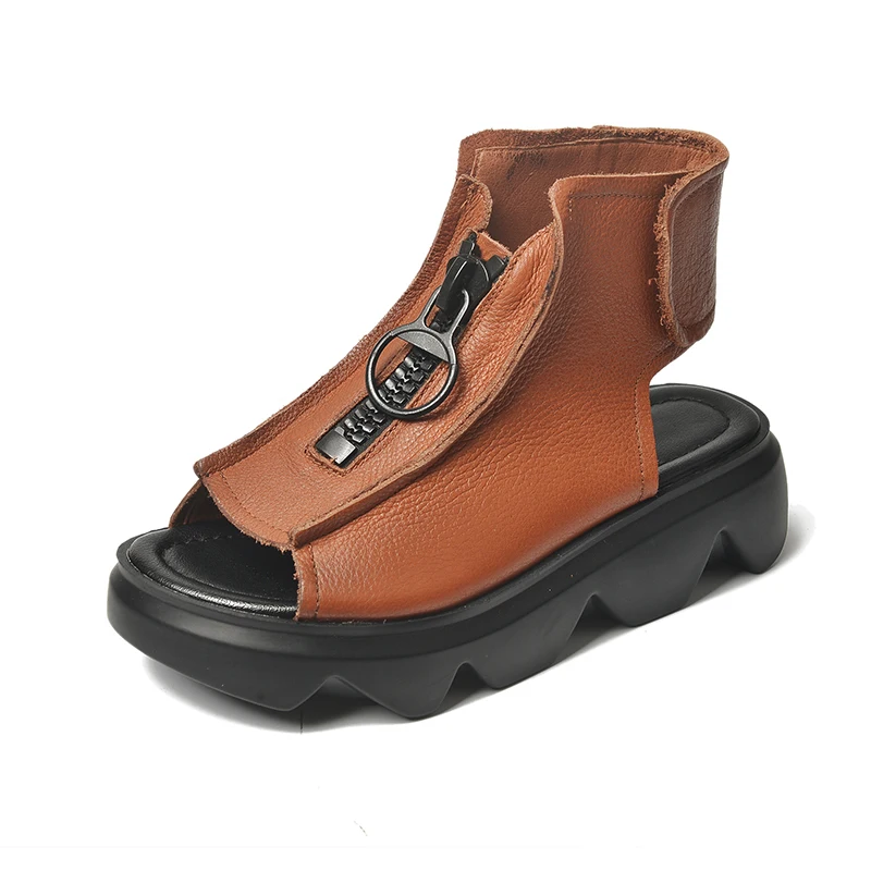 

New Soft Leather Rome Outdoor Sandals Women Summer 2021 Fashion Wedge Zipper Peep Toe Sandals Woman Platform Casual Shoes