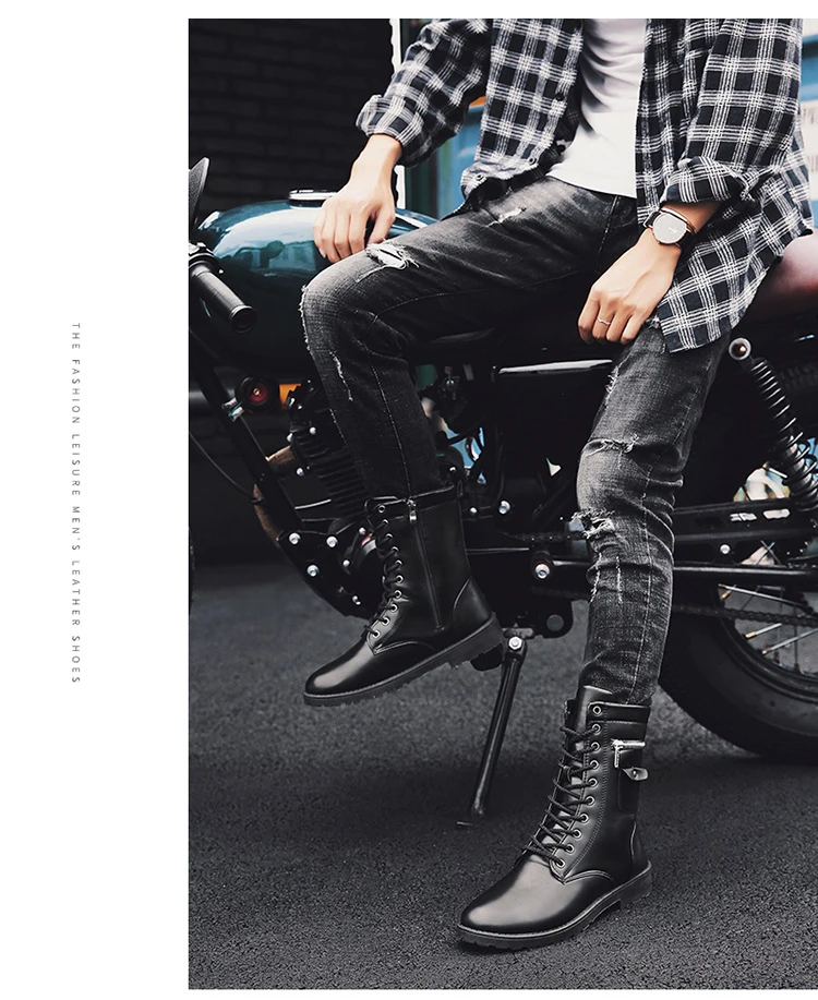 Winter Men Motorcycle Boots Fashion Mid-Calf Punk Rock Punk Shoes Mens BootsLeather Black High top Casual Boot Man