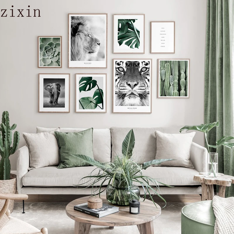 

Nature Forest Landscape Canvas Wall Art Print Painting Nordic Tiger Elephant Lion Poster Cactus Home Decor leaves Picture Modern