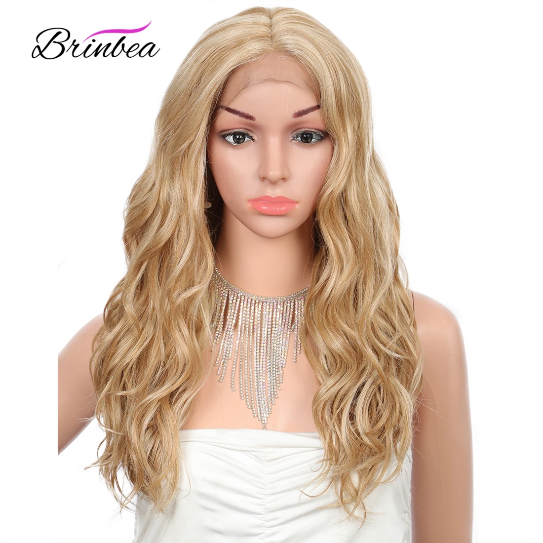 

Brinbea 23 inches Long Deep Wave Blonde Synthetic Wig For White Women Middle Parting Natural With Highlights Lace Front Wigs