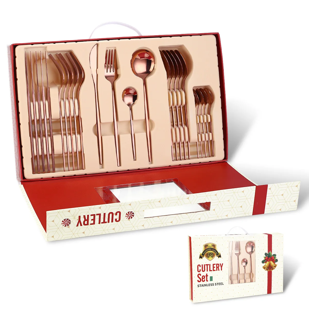 

24pcs Rose Gold Stainless Steel Dinnerware Set Knife Fork Coffee Spoon Cutlery Set Holiday Gift Box Multifunctional Tableware