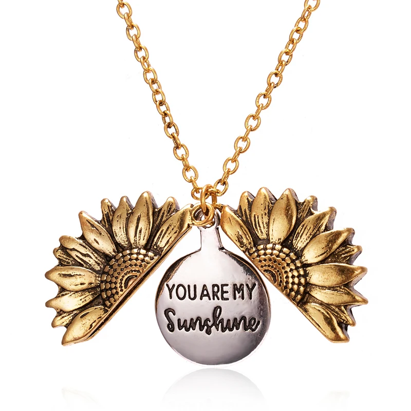 

New Gold Silver Color Open Locket Pendant Necklaces for Women Engraved You Are My Sunshine Sunflower Necklace Party Jewelry Gift