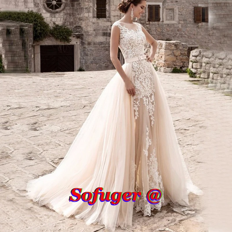 

Light Champagne Lace Mermaid Wedding Dresses Detachable Train Illusion Vestidos de Noivas Abiti Da Sposa Robe de marie
