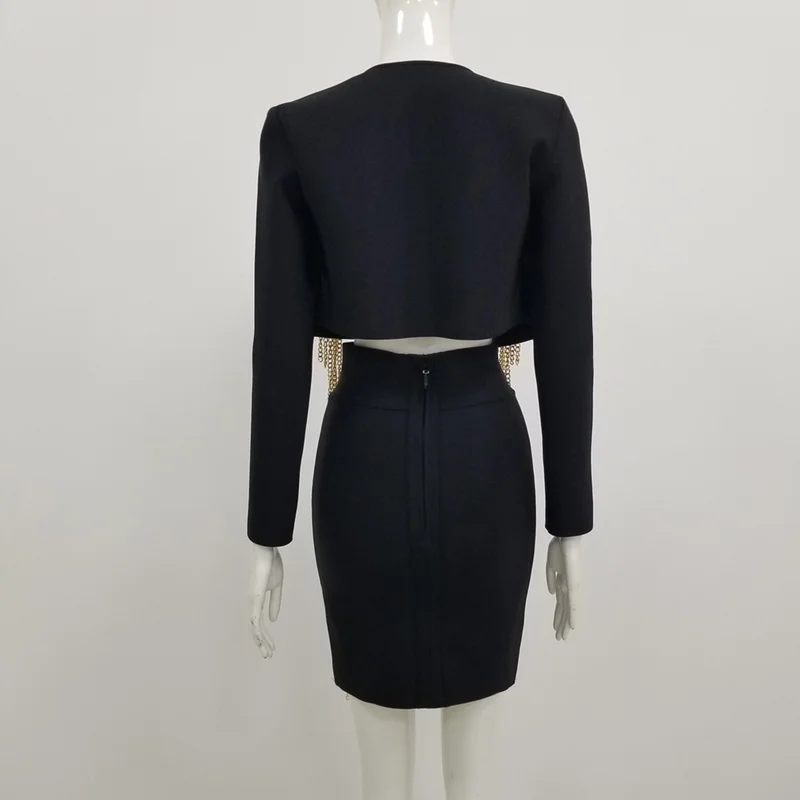 

High Quality White Black Beading Long Sleeve Two Pieces Set Rayon Bandage Dress Evening Party Dress
