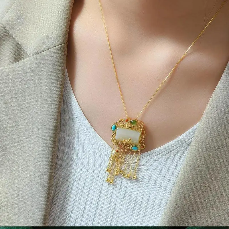 

Natural Hetian white jade geometric tassel Pendant Necklace Chinese retro national style luxury charm women's silver jewelry