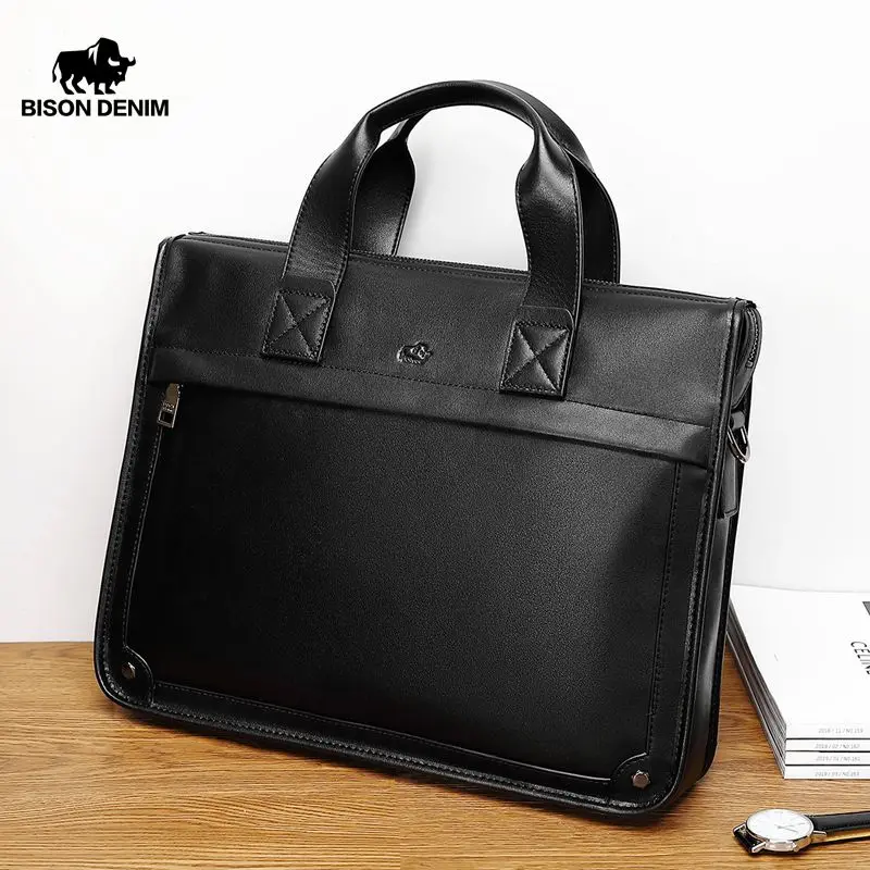 Bison Denim Large Capacity Genuine Leather Men Business Briefcase Luxury Handbags Men High Quality Travel Laptop Shoulder Bag