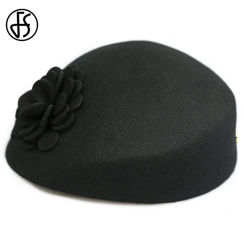 Black Wool Beret Женский повседневный берет из фетра FS, шляпка-берет из австралийской шерсти, с декоративным цветком, бежевого цвета - Цвет: Black Wool Beret