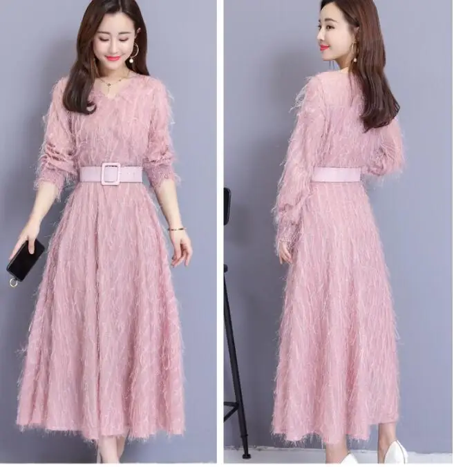 Весна, Новое поступление, высокое качество, плюс размер, M-3XL, элегантное, v-образный ворот, кисточка, длинный рукав, женское длинное шифоновое платье с поясом