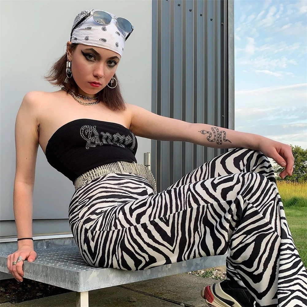 

Women Zebra Striped High Waist Casual Pants Fashion Straight Wide Leg Streetwear Sexy High Waist Bell Bottom Pants
