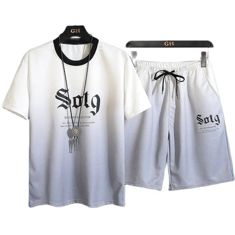 

Male Sets，Sweatpants Male，Men's Short Sleeve Shorts Set, Comfortable And Breathable, Cotton, Loose Large Size, Printed Clothing