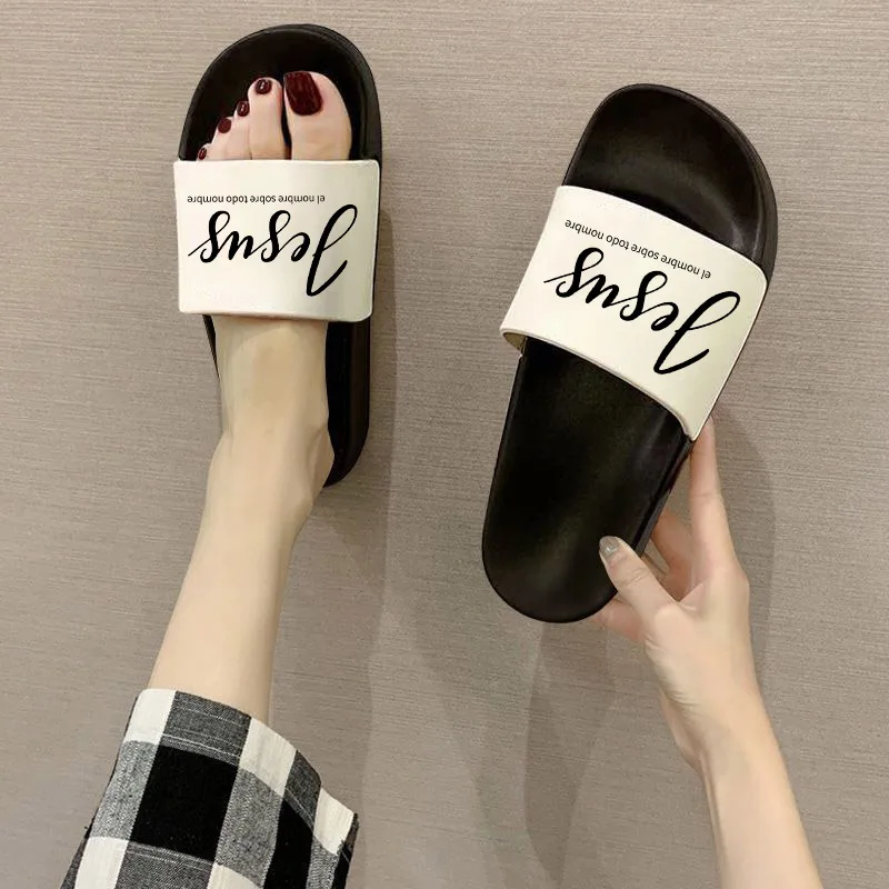 

2021 Hot New Women Beach Slippers Casual Flip Flops Jesus letters Print Flat Shoes Female indoor lady slippers