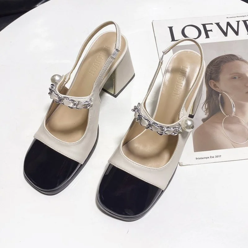 

Summer New Hollow High Heels All-Match Women Pumps Slingback Decoration Buckle Sexy Square Shallow Mouth Zapatos De Vestir Mujer