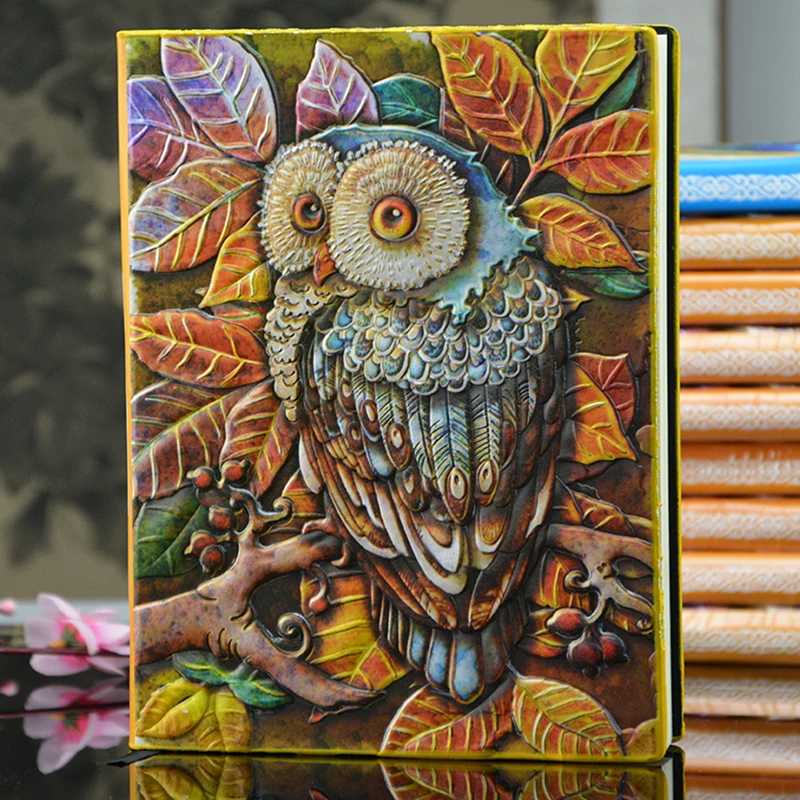 

Silver color Carving Owl stereoscopic magic Notebook Vintage Leather European style Hand-carved line pages thick Notepad Gift A5