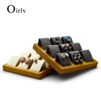 oirlv solid wood beigedark gray 9 seats earrings display stand with microfiber for jewelry expositor ear stud display holder