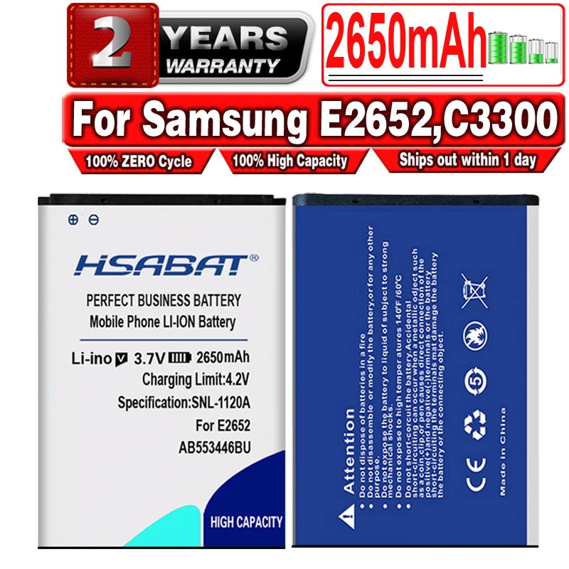Аккумулятор HSABAT 2650 мАч AB553446BU для samsung E2652 C3300 C3300K E2120 E3300 S5150 M3200 B100 L250 L258 M628 W539 X989|battery